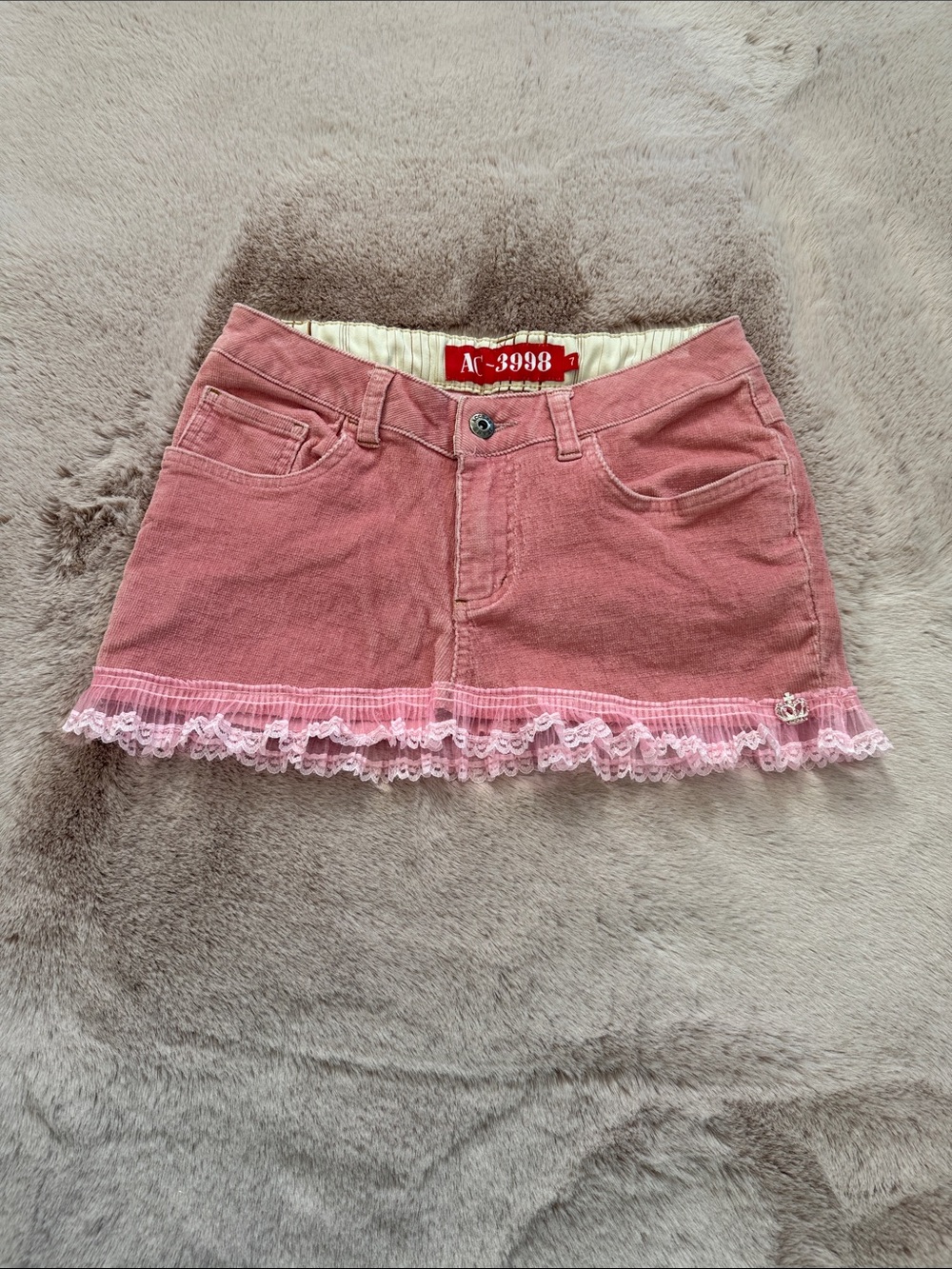 Y2k Custom Made Lace-Hem Velvet Pink Mini Skirt